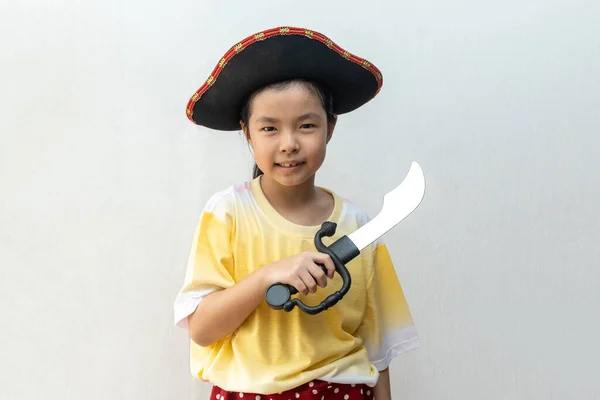 Asian Girl Smiling Pirate Costume — Stock Photo, Image