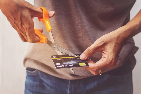 Man Cutting Credit Card Scissors — Stock Photo, Image