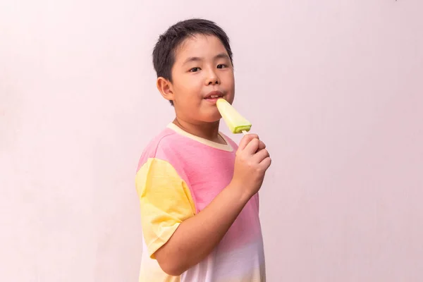Asian Boy Eating Colorful Frozen Popsicle Summer — Stock Photo, Image