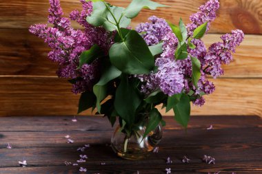 Koyu ahşap arka planda su bulunan cam vazoda yeşil yapraklı mor leylak ile bahar taze çiçek kavramı. Metin için boşluk. Seçici odak.