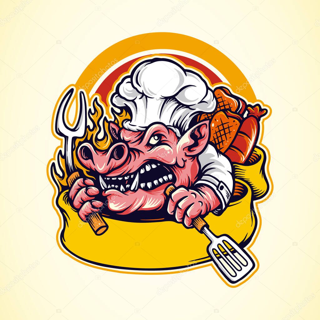 pig barbecue bbq mascot logo with banner