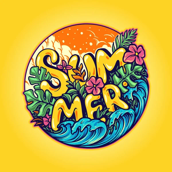 Olá Summer Typographic Plantas Tropicais Flor Fundo Praia — Vetor de Stock