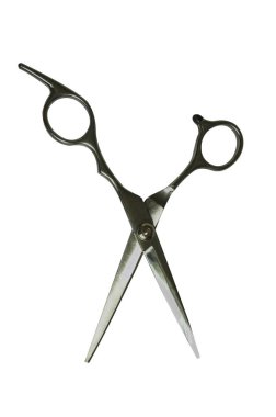 Kesmek için gümüş profesyonel makas. Beyaz arka planda tek bir nesne var. Bir kuaförün çalışma aracı.