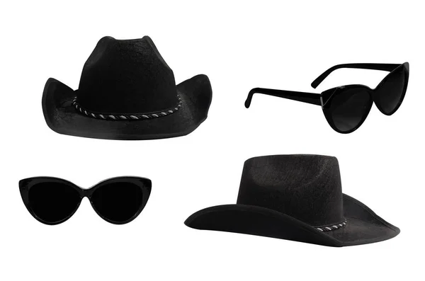 Modisches Set Aus Zwei Paar Schwarzen Sonnenbrillen Und Hüten Objekte — Stockfoto