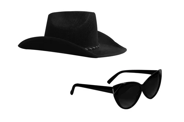 Chapeau Noir Lunettes Soleil Isolés Sur Fond Blanc Vue Latérale — Photo