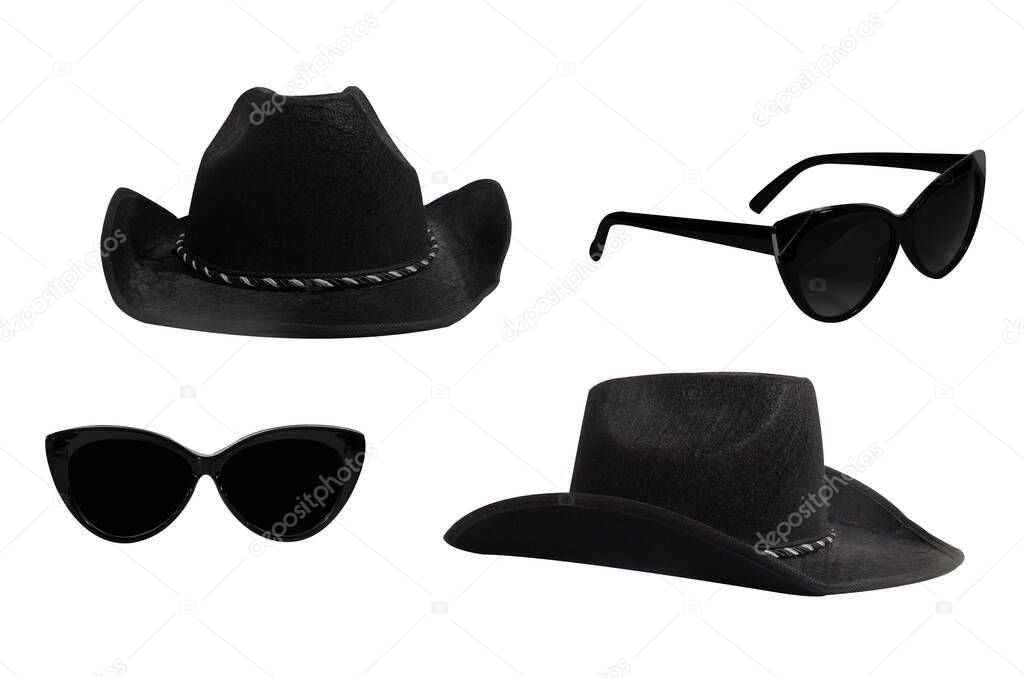 Fashionable set of two pairs of black sunglasses and hats. Objects isolated on white background.