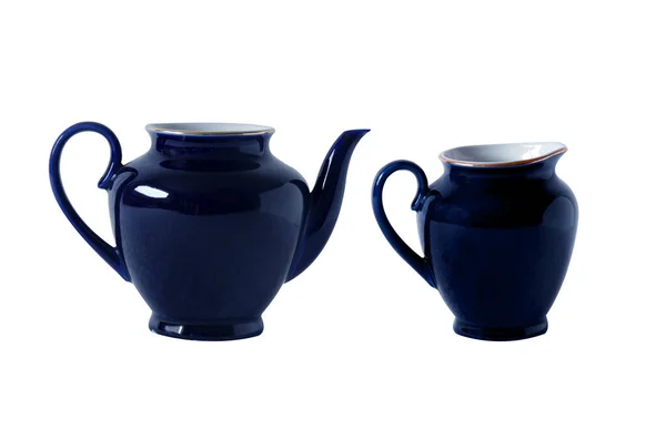 Синій Чайник Молочний Глечик Ручкою Ізольовані Єкти Білому Тлі Чайної — стокове фото