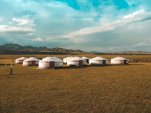 Nomad Ger Camp Mongolie Milieu Steppe Loin Des Montagnes Petit — Photo