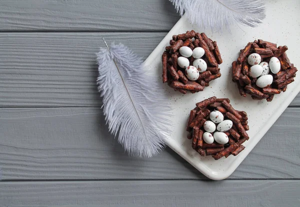 Chocolate Nests Sweet Eggs Gray Wooden Background Creative Desserts Decorative — Stock Photo, Image