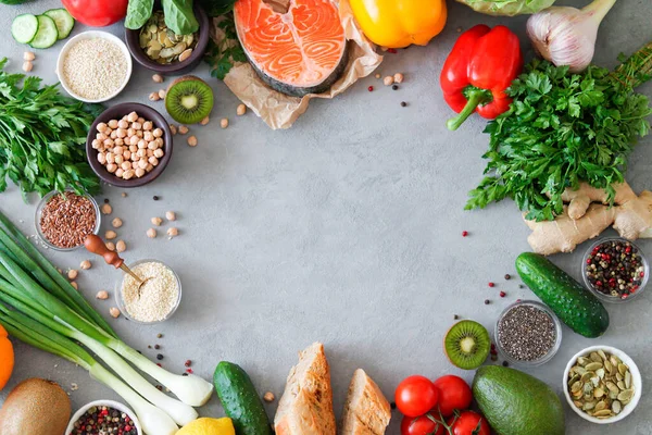 Visão Superior Quadro Alimentar Ingredientes Cozinha Crus Para Uma Dieta — Fotografia de Stock