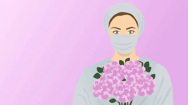 Bir buket çiçekli kadın doktor. Koruyucu takım elbiseli ve elinde pembe güller tutan kadın doktor. Ulusal Doktorlar Günü. Coronavirus, covid-19. Doktorlar sağ olsun. Kadınlık