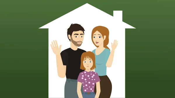 Genç bir aile kameraya gülümsüyor. Baba, anne ve kız el sallıyor. Evde kal. Karantinaya alın. Dostça bir aile.