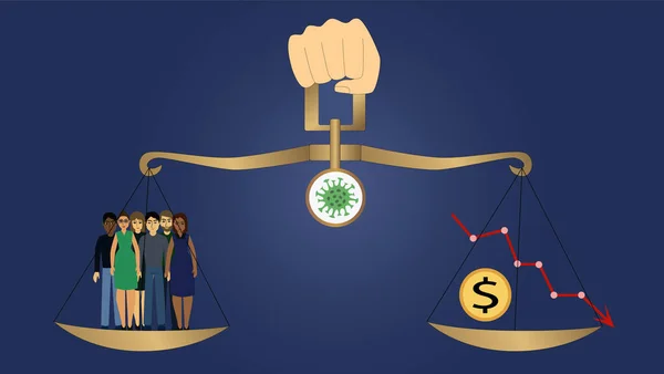 Ekonomi düşer ve insanlar koronavirüs işareti ile altın denge ölçeğinde yaşarlar. Para insanlardan ya da toplumdan dolardan daha değerlidir. Karantina için zor bir hükümet seçimi