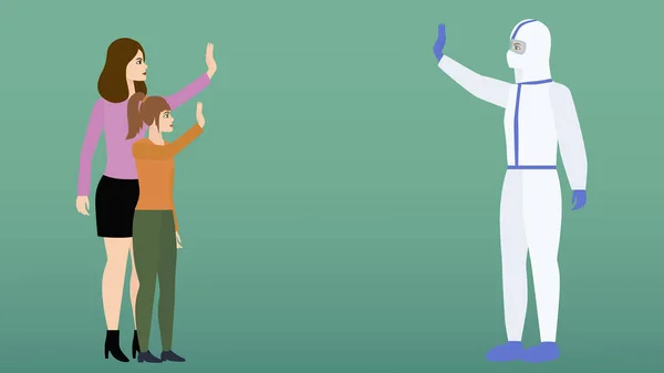 Koruyucu takım elbiseli genç erkek doktor ailesine, karısına ve kızına veda ediyor. Doktor koronavirüse karşı çalışmaya başlar. Kendini izole etme, karantina, covid-19.