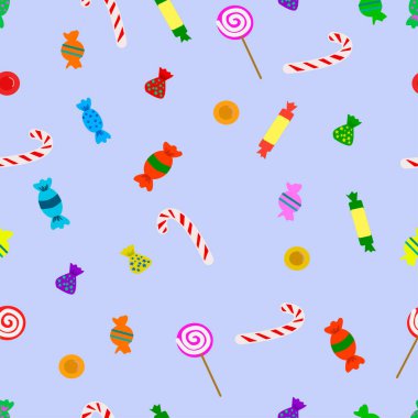 Şekerler ve lolipoplarla dolu parlak, şirin bir çizgi film deseni. Tatlılar, tatlı ruh hali, parti, doğum günü, çocukluk konsepti