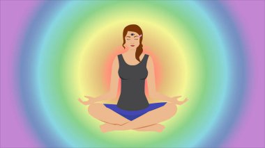 Üçüncü gözü olan kadın konsantre oluyor, düşünüyor, meditasyon yapıyor. Akıllıca bir karar vermek, çözüm bulmak. İnsan enerjisi çakra sistemi, meditasyon. Kadınlık, kadın gücü