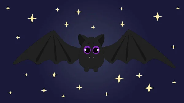 Cute Friendly Black Bat Character Flying Wings Spread Background Starry — Stock Vector