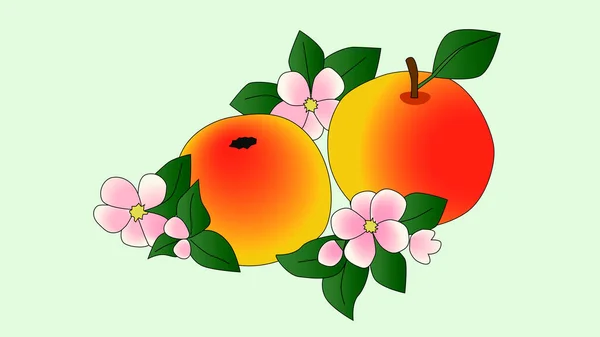 Cartoon Appels Met Bloemen Bladeren Geïsoleerd Witte Achtergrond Landelijk Leven — Stockvector