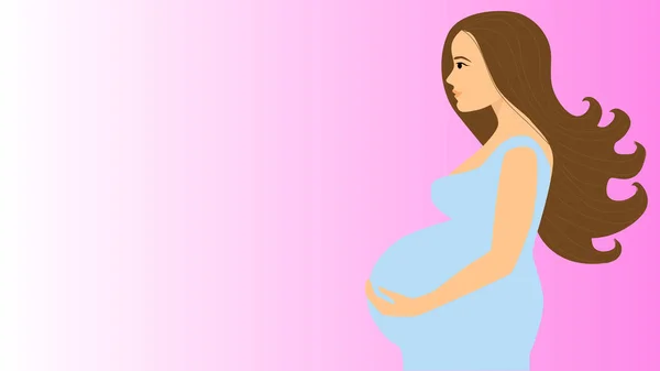 Schwangere Junge Frau Langen Blauen Kleid Streichelt Ihren Bauch Vor — Stockvektor