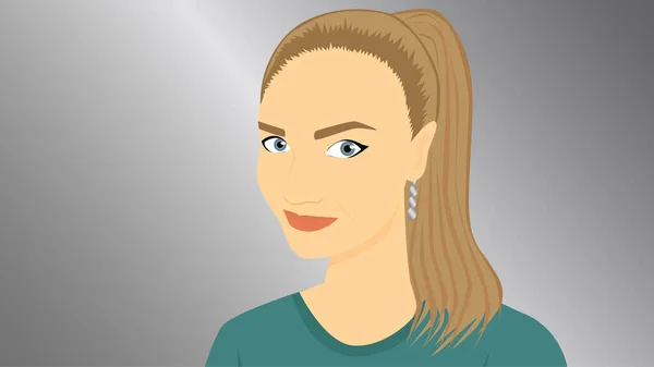 Gümüş arka planda kameraya gülümseyen çekici genç bir kadının karikatür portresi. Olumlu insani duygular. Flört eden kız.