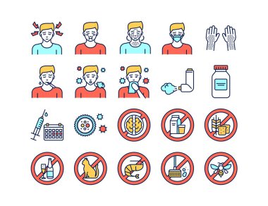 Alerji ve semptomlar renk simgeleri ayarlandı. Yiyeceğe tahammülsüzlük, zehirlenme. Dermatolojik, bulaşıcı hastalıklar. İzole vektör elementi. Web sayfası, mobil uygulama, tanıtım için resim çizimleri.