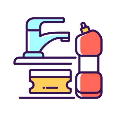 Sünger ve deterjan çizgi renk simgesi. Mutfak ve banyo temizliği. Web sayfası, mobil uygulama, tanıtım için resim çizelgesi.