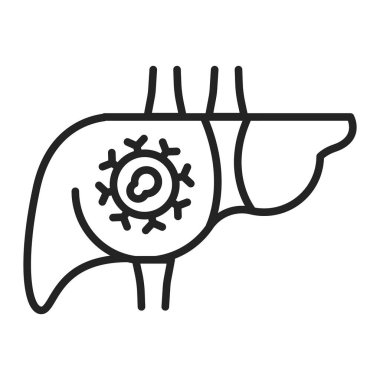 Karaciğer kanseri çizgisi siyah ikonu. Onkoloji. Kötü huylu neoplazma. İzole vektör elementi. Web sayfası, mobil uygulama, tanıtım için resim çizelgesi.