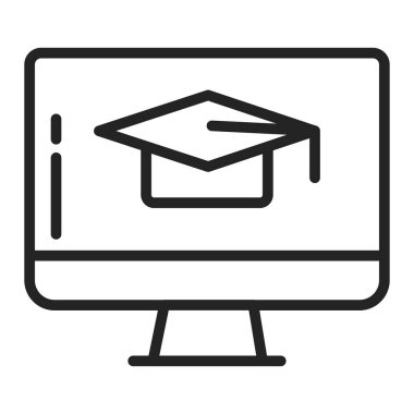 Siyah çizgi simgesini öğrenme mesafesi. Çevrimiçi eğitim kursları. Ev tatili. İzole vektör ögesi. 