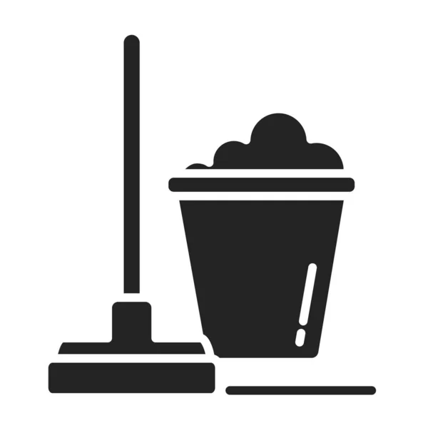 Icono negro de glifo de fregona y cubo. Limpia el suelo. Servicio de limpieza. Pictograma para página web, aplicación móvil, promo . — Archivo Imágenes Vectoriales