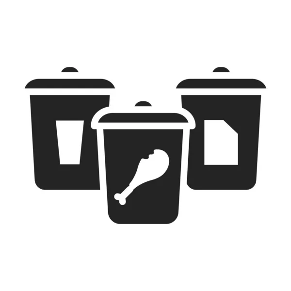 Διαλογή απορριμμάτων: χαρτί, γυαλί, μαύρο γλυπτό τροφίμων εικονίδιο. Ανακύκλωση αποβλήτων. Εικονόγραμμα για ιστοσελίδα, mobile app, promo. — Διανυσματικό Αρχείο