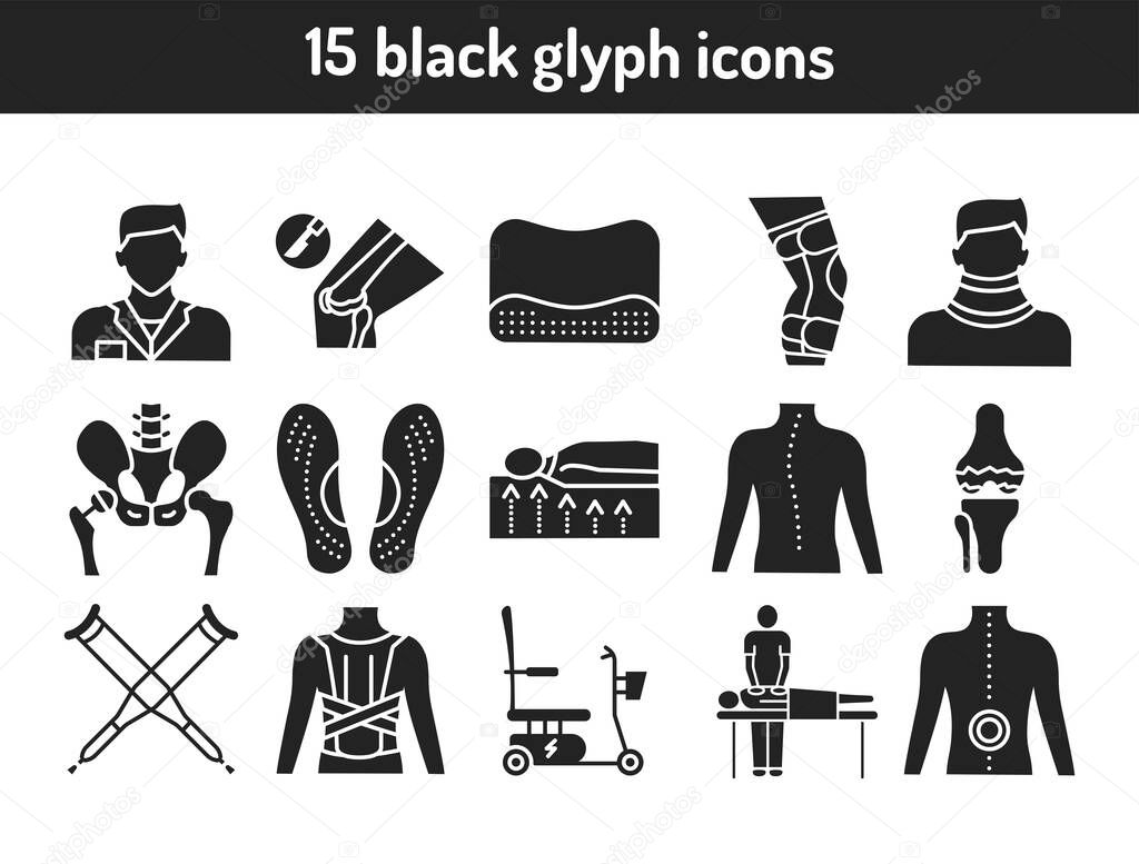 Orthopedics black glyph icons set. Rehabilitation after injuries. Isolated vector element. 
