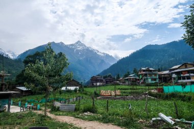Beyaz karla kaplı dev dağlar ve bulutların üzerindeki tepeler.