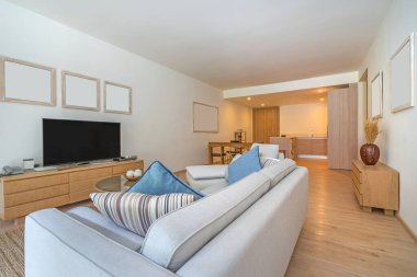 Televizyon, kanepe ve Villa ve apartmanın oturma odasında gündüz yatağı.