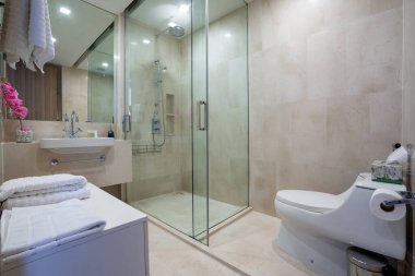 Villa, ev, ev, daire, banyo, tuvalet, duş ve lavabonun iç tasarımı.