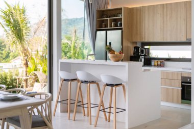 Villa, ev, ev, daire, mutfak tezgahı, bar taburesi, fırın ve buzdolabının iç tasarımı.