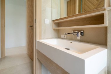 Villa, ev, ev, daire, leğen, ayna, tuvalet ve duşun modern banyo manzaralı iç tasarımı.