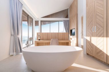 Yuvarlak küvetin iç tasarımı modern banyo havuzunda villa, ev, ev, apartman ve daire