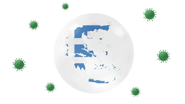 希腊绘制地图内水晶球防日冕病毒 待在家里 为家庭工作 克服病毒爆发 病毒防护概念 在白色背景下 — 图库照片