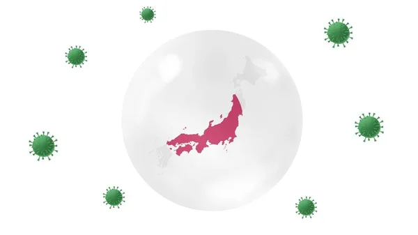 日本绘制地图内水晶球防护日冕病毒 待在家里 为家庭工作 克服病毒爆发 病毒防护概念 在白色背景下 — 图库照片