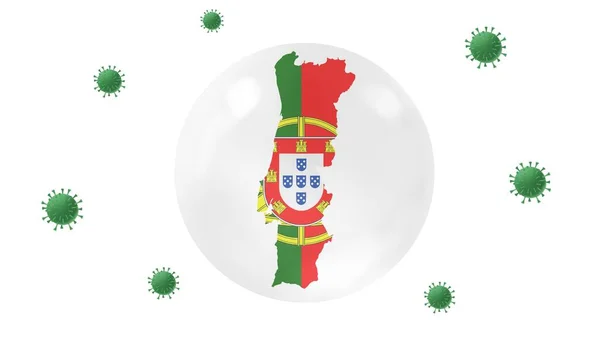 ポルトガルの地図内部のクリスタルボールはコロナウイルスから保護し 自宅に滞在し 自宅で作業し ウイルスの発生を克服し ウイルス保護の概念は 白い背景に — ストック写真