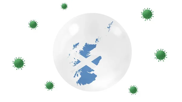 苏格兰地图内水晶球保护免受日冕病毒感染 待在家里 为家庭工作 克服病毒爆发 病毒保护概念 在白色背景下 — 图库照片