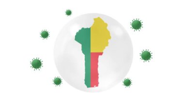 İçinde kristal küre içinde bayrak bulunan Benin haritası Corona ya da covid-19 virüsünden korunuyor, Benin 'i kilit altına alıyor, virüs koruma konsepti, evde kalıyor, evde çalışıyor, virüsün üstesinden geliyor, beyaz, siyah, yeşil ekranda