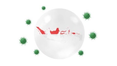 İçinde kristal kürede bayrak bulunan Endonezya haritası Corona veya Copera-19 virüsünden korunuyor, Endonezya 'yı kilitliyor, virüs koruma konseptini kilitliyor, evde kalıyor, evde çalışıyor, virüsü yeniyor, beyaz, siyah, yeşil ekranda