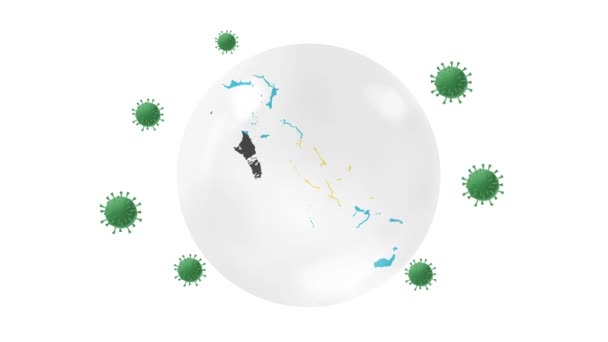 バハマの地図内側には コロナやCovid 19ウイルスから保護するクリスタルボールのフラグがあり バハマ ウイルス保護の概念をロックダウンし 家にいて 自宅から仕事をし ウイルスを克服し 緑の画面で — ストック動画