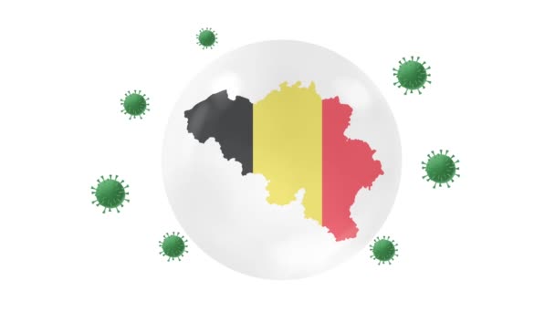 ベルギーの地図内側には コロナまたはCovid 19ウイルスから保護するクリスタルボールのフラグがあり ベルギーをロックダウンし ウイルス保護の概念は 家にい 家から仕事 ウイルスを克服 緑の画面で — ストック動画