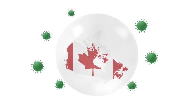 カナダの地図内側には コロナやCovid 19ウイルスから保護するクリスタルボールのフラグがあり カナダ ウイルス保護の概念をロックダウンし 家にいて 自宅から仕事をし ウイルスを克服し 緑の画面で — ストック動画