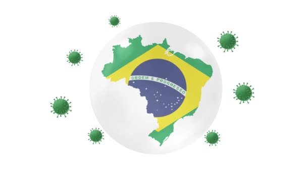 ブラジルの地図内側には コロナやCovid 19ウイルスから保護するクリスタルボールにフラグを付け ブラジルをロックダウンし ウイルス保護の概念は 家庭に滞在し 自宅から仕事 ウイルスを克服し 緑の画面で — ストック動画