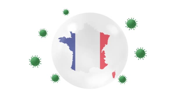 フランスの地図内側には コロナまたはCovid 19ウイルスから保護するクリスタルボールのフラグがあります フランス ウイルス保護の概念をロックし 家にいて 家にいて 仕事をして ウイルスを克服し 緑の画面で — ストック動画