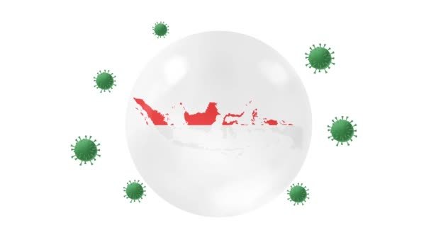 インドネシアの地図内側には コロナやCovid 19ウイルスから保護する水晶球でフラグを付け インドネシアをロックダウンし ウイルス保護の概念をロックし 家にい 家から仕事をし ウイルスを克服し 緑の画面で — ストック動画