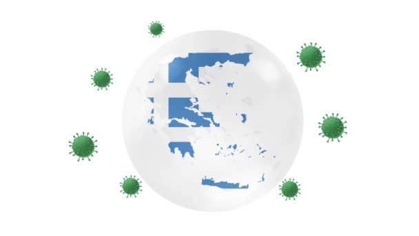 ギリシャの地図内側には コロナやCovid 19ウイルスから保護するクリスタルボールのフラグがあります ギリシャをロックダウンします ウイルス保護の概念 家にいます 家から仕事 ウイルスを克服します — ストック動画